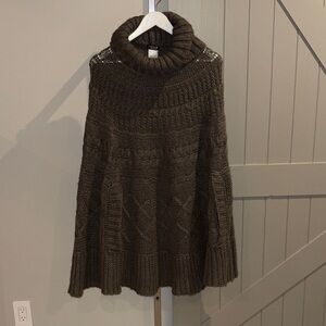 Made in Italy Chunky Knit Turtleneck Sweater Poncho - Taupe/Brown